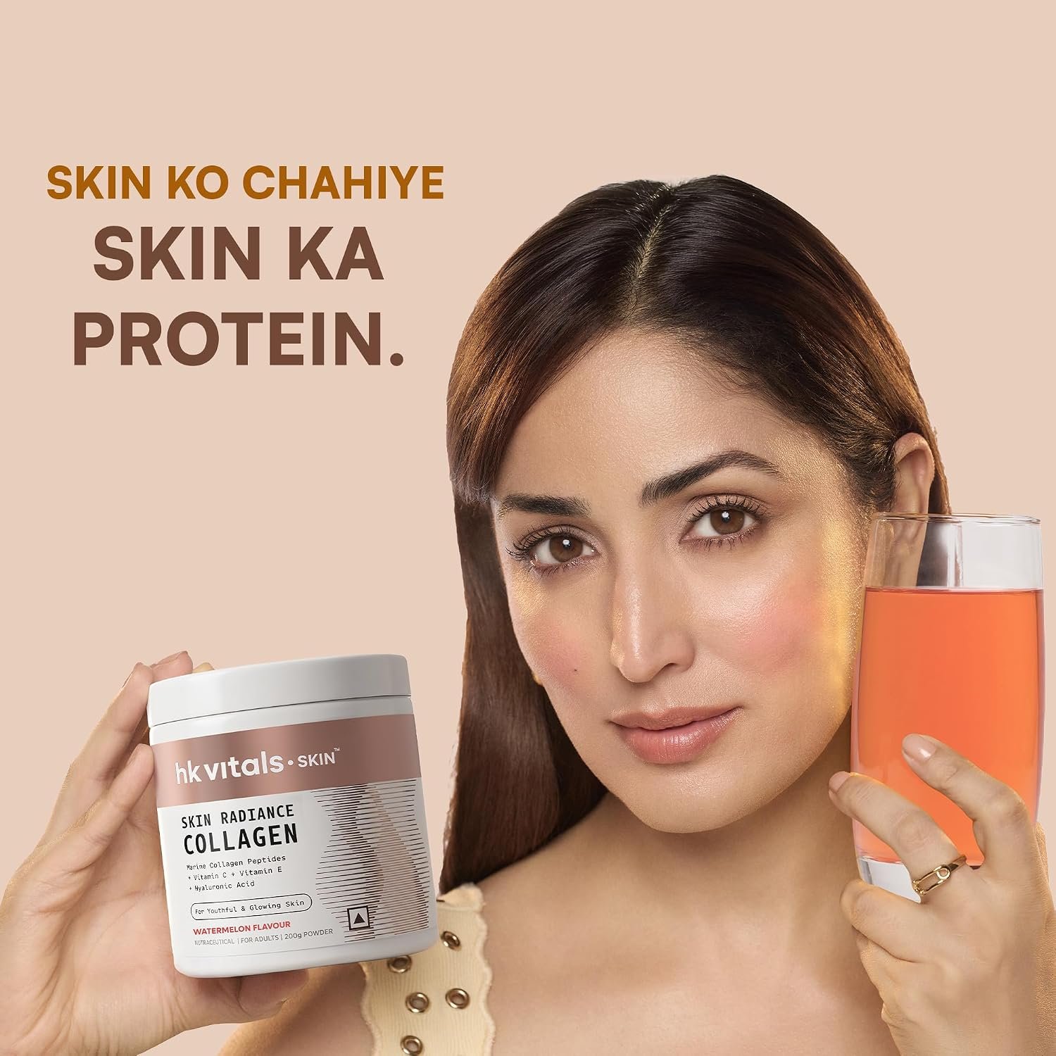 hk vitals Skin Radiance Marine Collagen Supplement Powder, Watermelon, 200g Collagen Peptides with Vitamin C, E | For Youthful & Glowing Skin thumbnail
