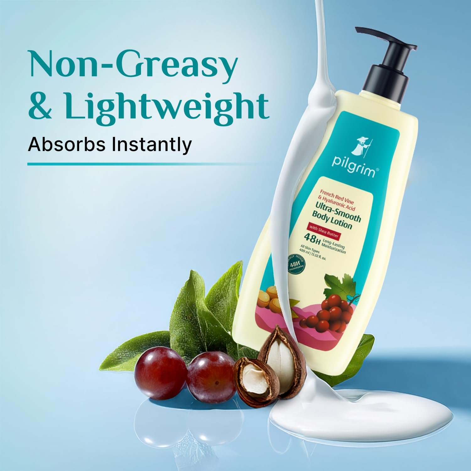Pilgrim French Red Vine & Hyaluronic Acid Ultra Smooth Body Lotion | 48H Moisturization | Body lotion for dry skin | Infused With Shea Butter | For All Skin Types 400ml thumbnail