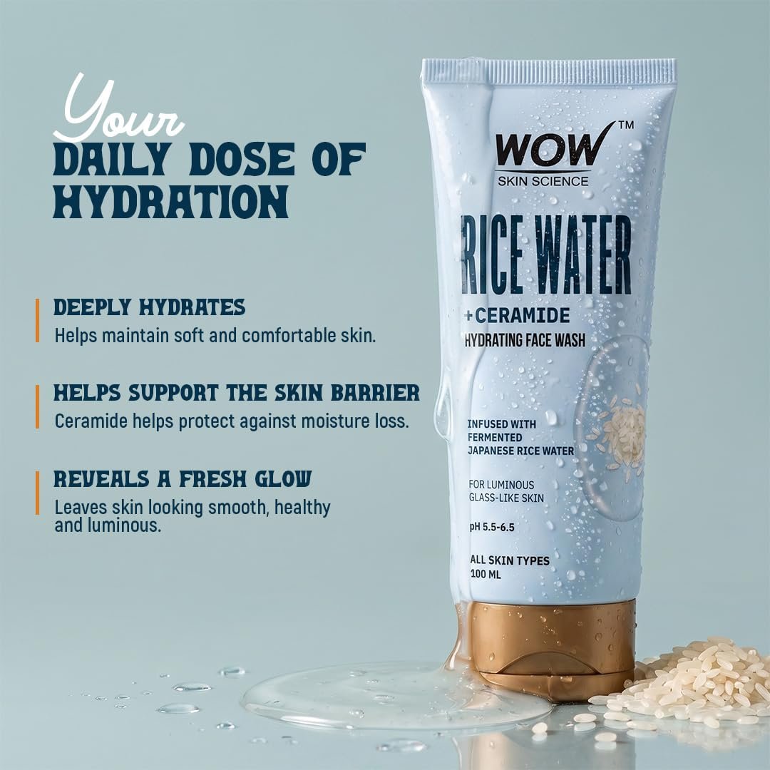 WOW Skin Science Rice Water & Ceramide Hydrating Face Wash | Brightens Skin | Tightens Pores | Locks in Moisture | Reduces Fine Lines | Improves Skin Elasticity | 100ml thumbnail