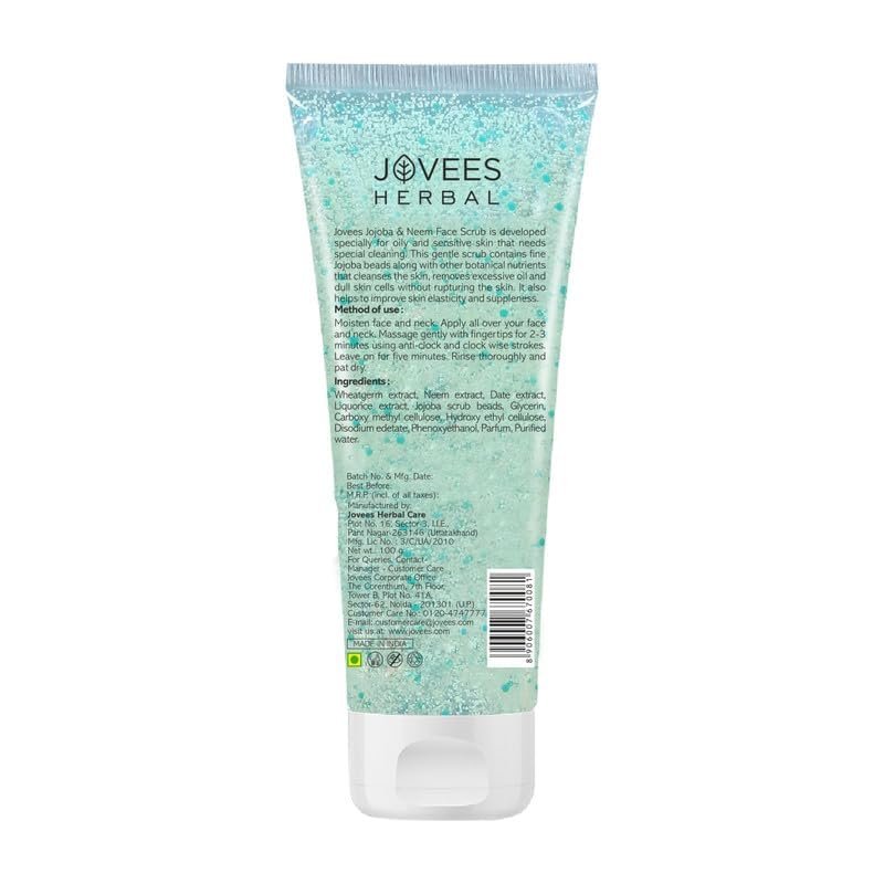 Jovees Herbal Jojoba & Neem Face Scrub | With Neem & Wheatgerm Extract | For Oily to Sensitive Skin | Gently Removes Dead Skin | Reduces Signs Of Premature Ageing 100 G thumbnail
