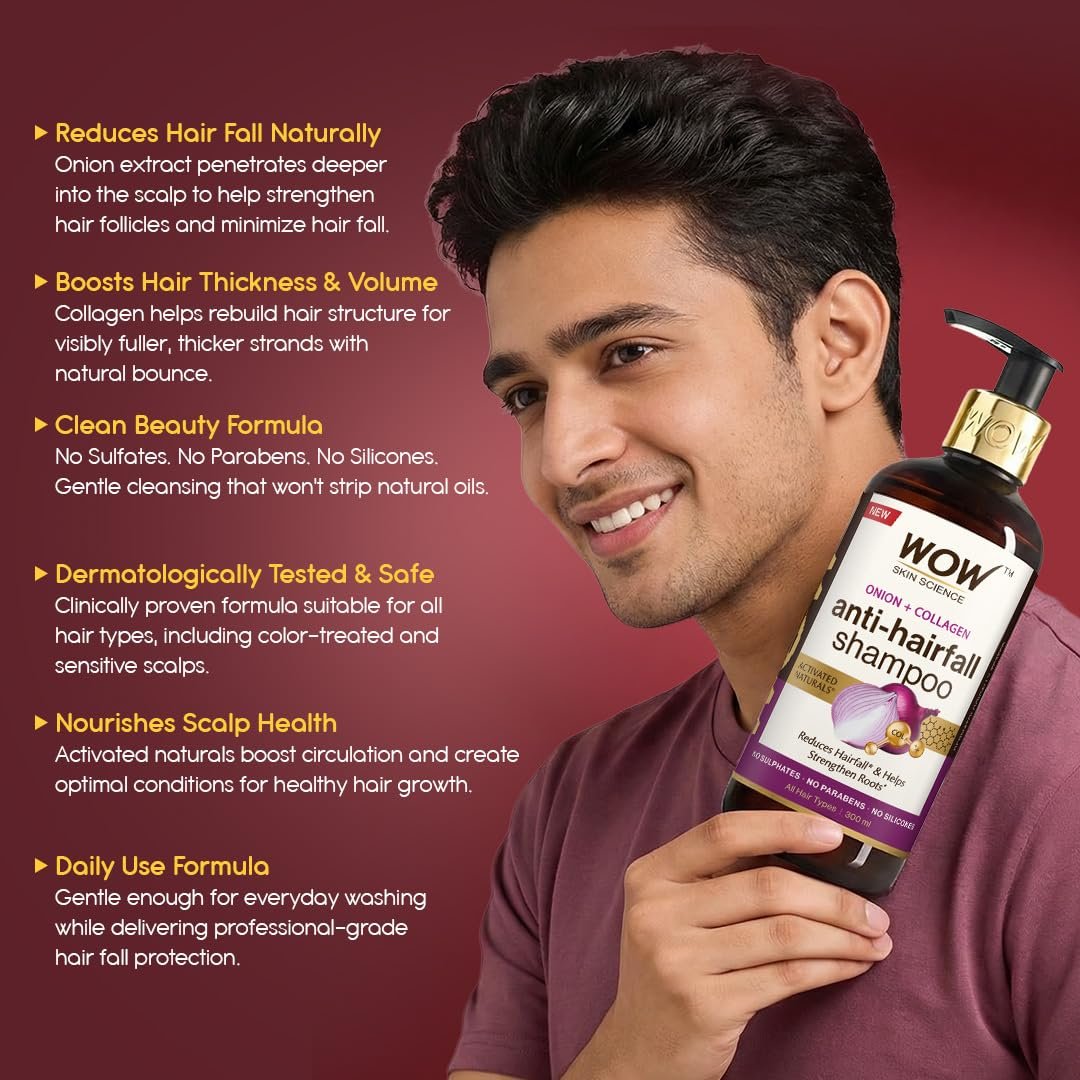 WOW Skin Science Onion & Collagen Anti-Hairfall Shampoo | Reduces Hair fall | Strengthens Roots | Nourishes Scalp | Prevents Breakage |300ml thumbnail