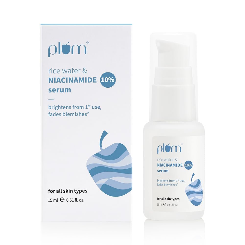 Plum 10% Niacinamide Serum with Rice Water | Provides Clear, Glowing & Brightening Skin | for Acne Prone, Combination, Oily & Sensitive Skin | Oil Control & Anti Acne Face Serum for Women &