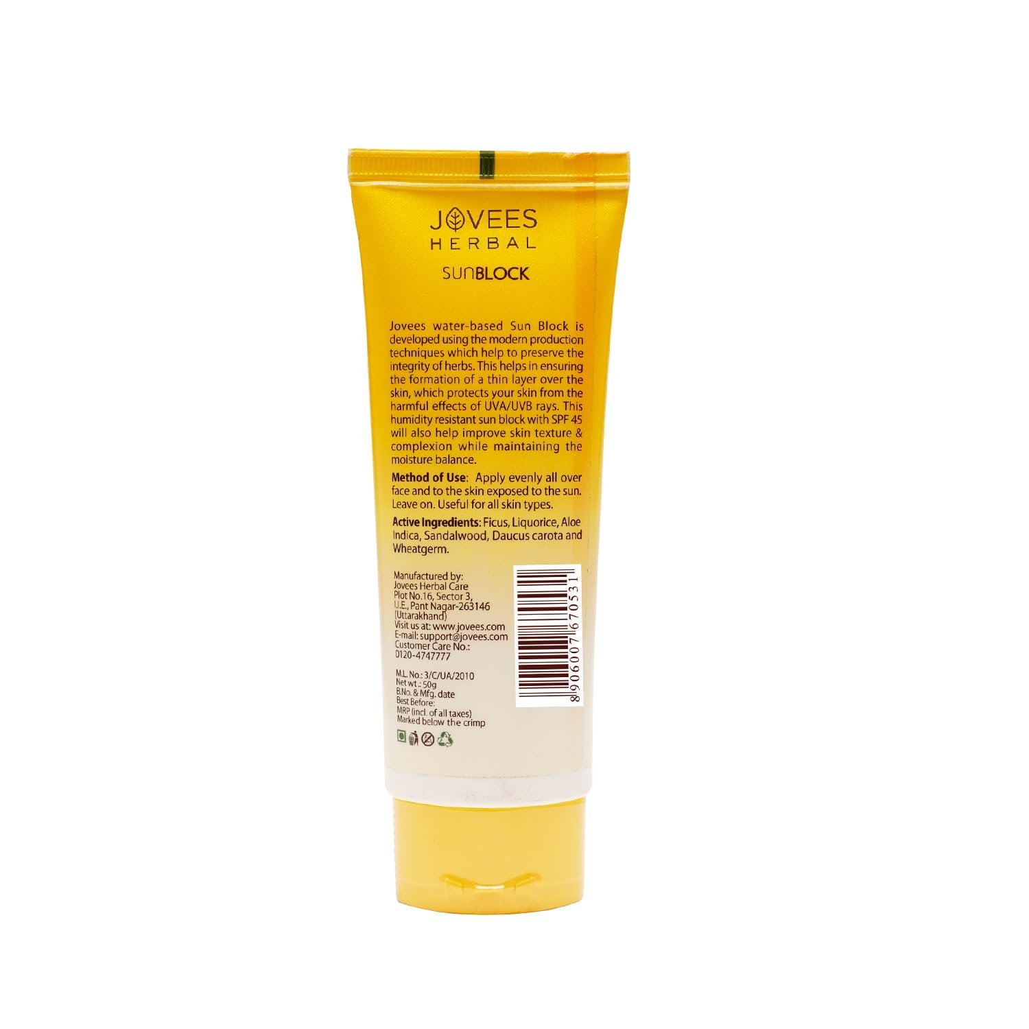 Jovees Herbal Sun Block SPF 45 For Even Toned & Glowing Skin | Suitable For Dry Skin | Sunscreen for UVA/UVB & Blue Light Protection | Lightweight & Non Grassy Sunscreen For Men/Women 50g thumbnail
