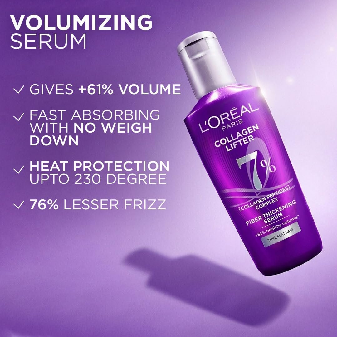 L'Oréal Paris Collagen Lifter Hair Thickening Serum with 7% Collagen Peptides for thin, flat hair | 72H lightweight volume & Frizz free hair, 80ml thumbnail