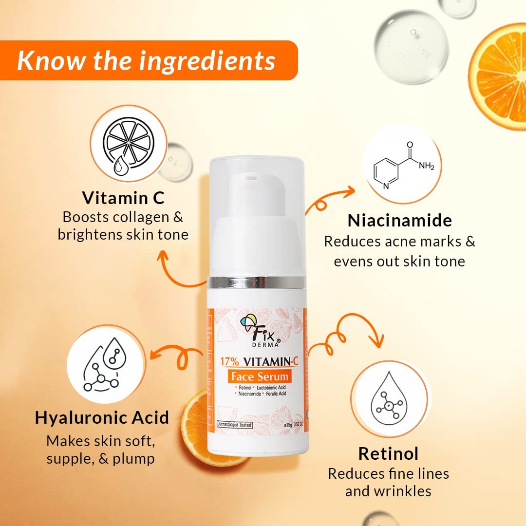 Fixderma 17% Vitamin C Face Serum for Glowing Skin | Retinol | Skin Brightening Vit C Serum for Women and Men | Anti Aging Night | Niacinamide - 15g thumbnail