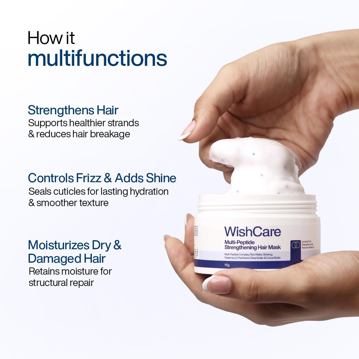 WishCare Strengthening Hair Mask for Frizzy, Dry & Damaged Hair, 110 gm For Hairfall Control & Damage Repair, With Multi-Peptides, Rice Water & Rosemary, Deep Conditioning & Moisturizing thumbnail