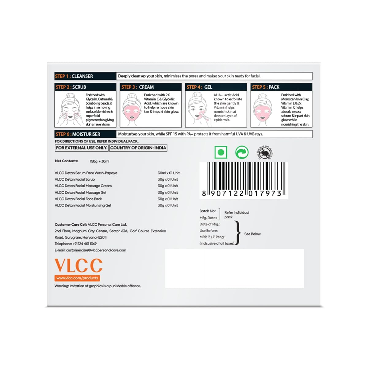 VLCC De-Tan Facial Kit - 180g (150g+30ml) | For Tan Removal | Hydrates, Helps Removes Dark Spots, Pigmentation, Pores, Blackheads & Whiteheads | With SPF 15+ Moisturizer thumbnail
