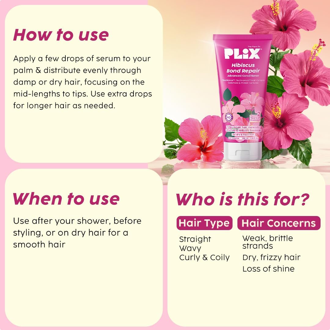 PLIX - THE PLANT FIX Hibiscus Bond Repair Advanced Conditioner | Repairs Hair Molecular Structure & Reduces Breakage with FiberHance™ & TechnoHYAL Hair Complex |Nourishes Deeply | 100ml thumbnail