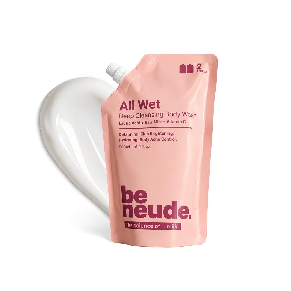 All Wet 500ml De-Tan Body Wash Refill Pack with Milk, Lactic Acid, Vitamin C for Skin Brightening, Dark Spot & Pigmentation Reduction; Deep Cleansing Shower Gel Prevents Dryness & Body Acne