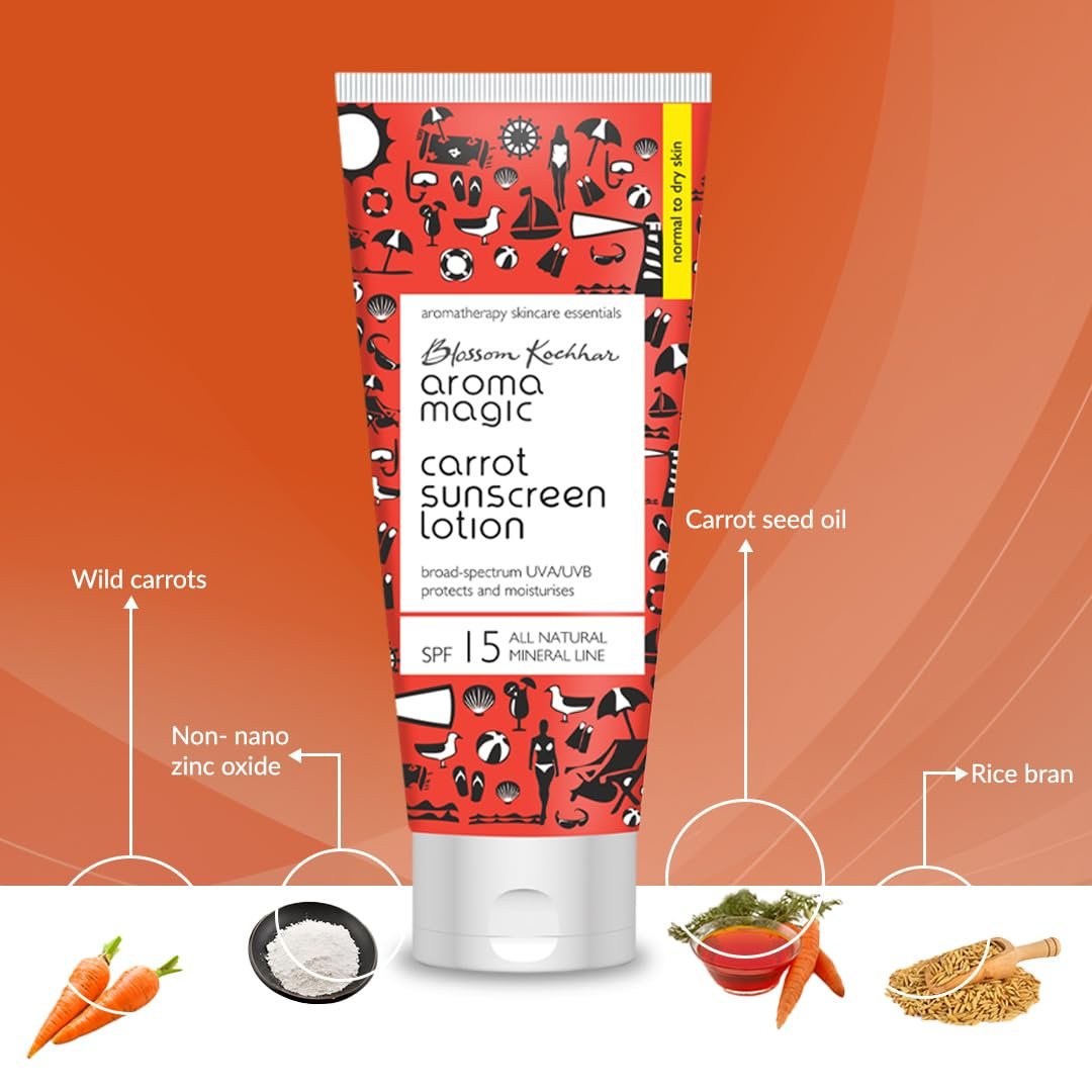Aroma Magic Carrot Sunscreen Lotion ? 100ml | SPF 15 for Dry Skin | Non-Nano Zinc Oxide, Carrot seed & Rice Bran Oils | No Parabens or Alcohol | Deep Moisture + Sun Protection | 100ml thumbnail