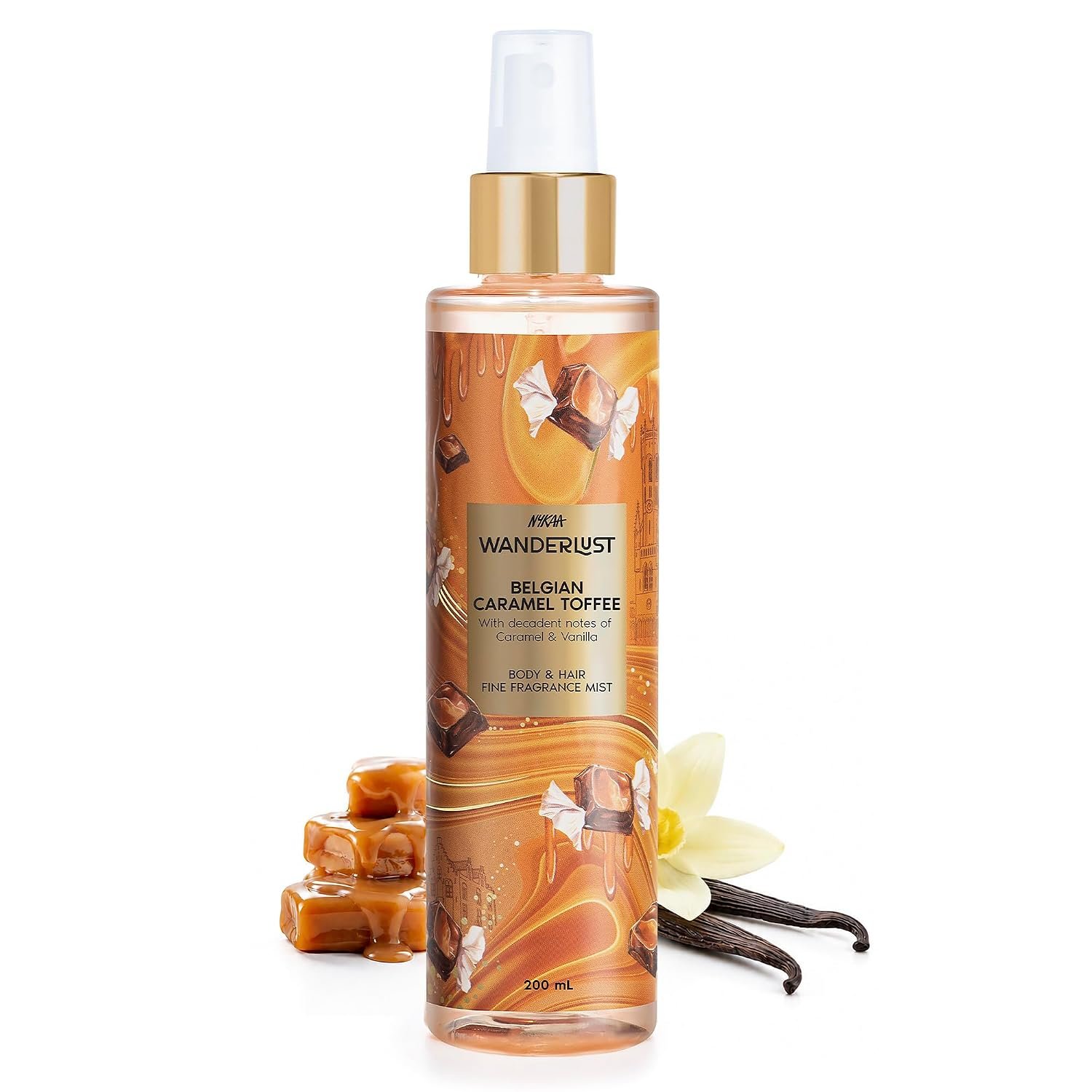 Nykaa Wanderlust Belgian Caramel Toffee Perfume Body & Hair Mist, Notes of Caramel & Vanilla, 8 Hrs Long-Lasting Everday Fragrance, 200 ml