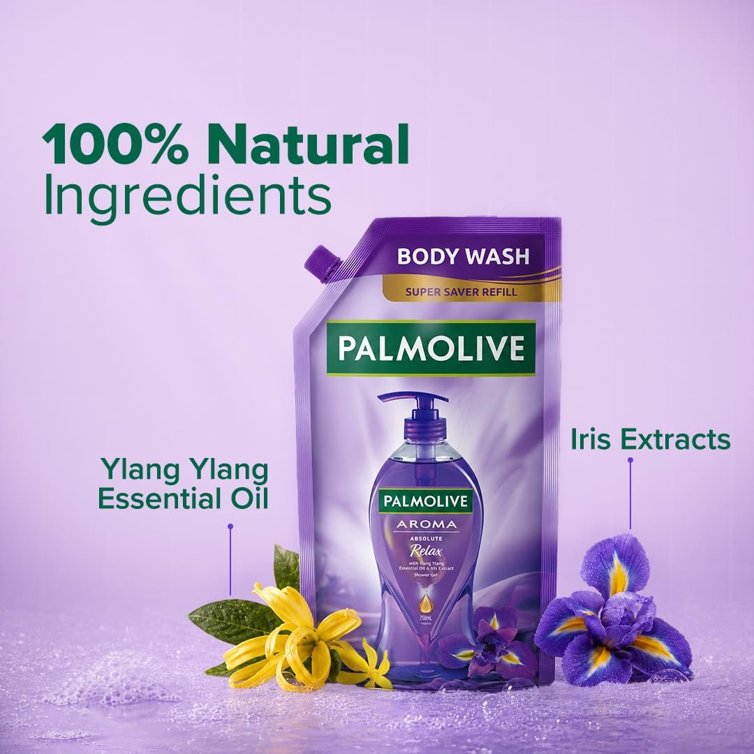Palmolive Aroma Absolute Relax Body Wash, 750ml Shower Gel Refill Pack, 100% Natural Ylang Ylang Essential Oil & Iris Extracts for a Soft and Smooth Skin, pH Balanced, Free of Parabens & Sil thumbnail