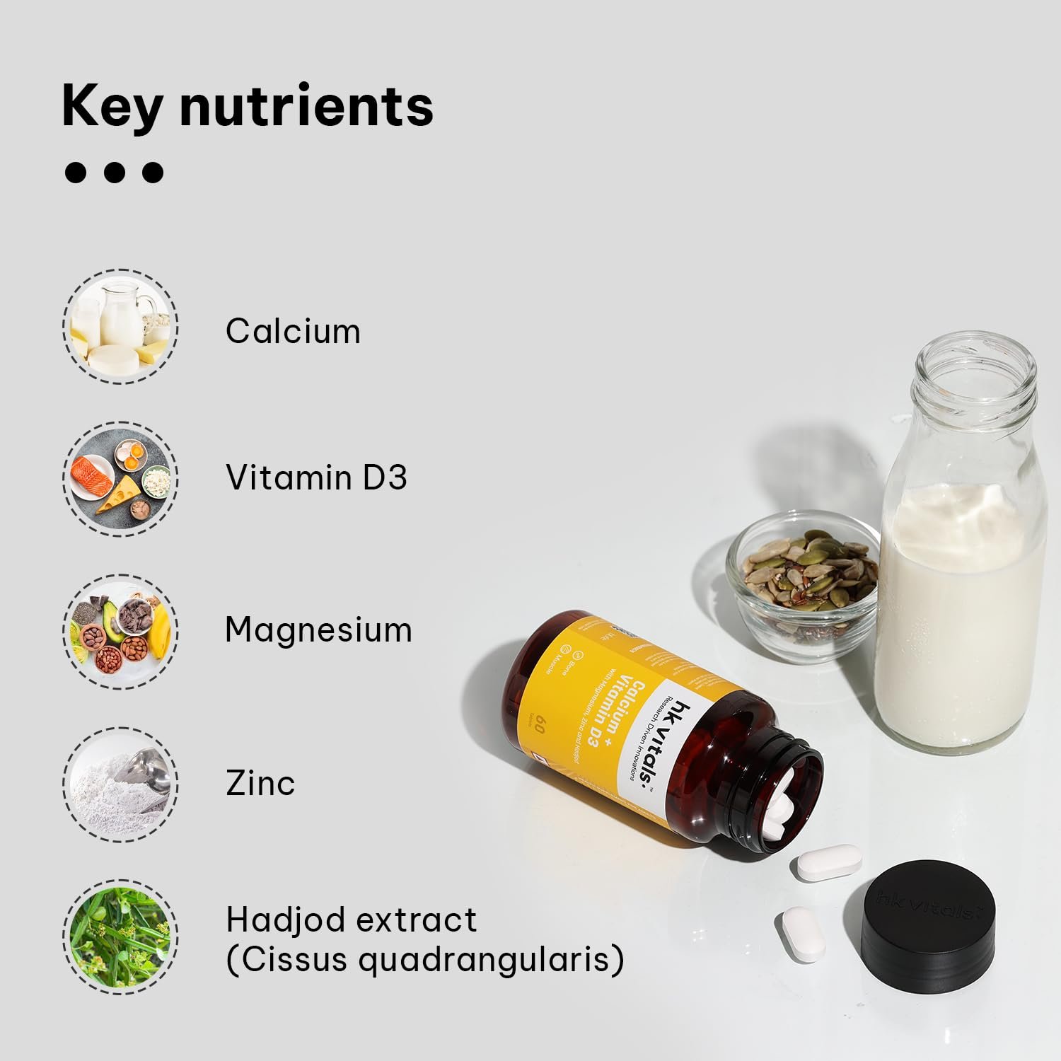 hk vitals Calcium + Vitamin D3 Supplement, 60 Tablets With Magnesium & Zinc | Supports Strong Bones & Joint Health thumbnail