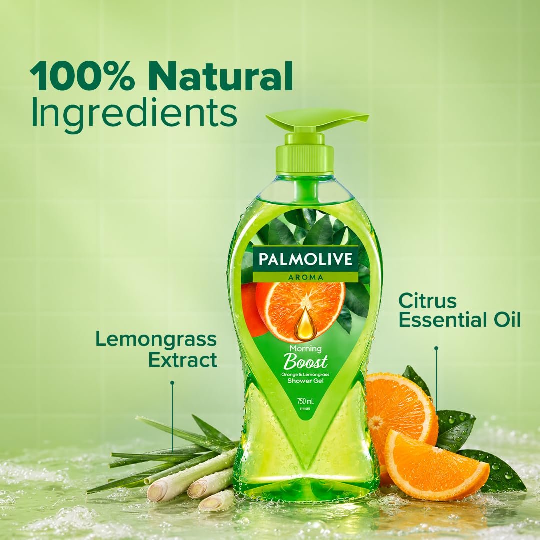 Palmolive Aroma Morning Tonic Body Wash, Gel Based Shower Gel with 100% Natural Citrus Essential Oil & Lemongrass Extracts - pH Balanced, No Parabens, No Silicones, 750ml Pump thumbnail