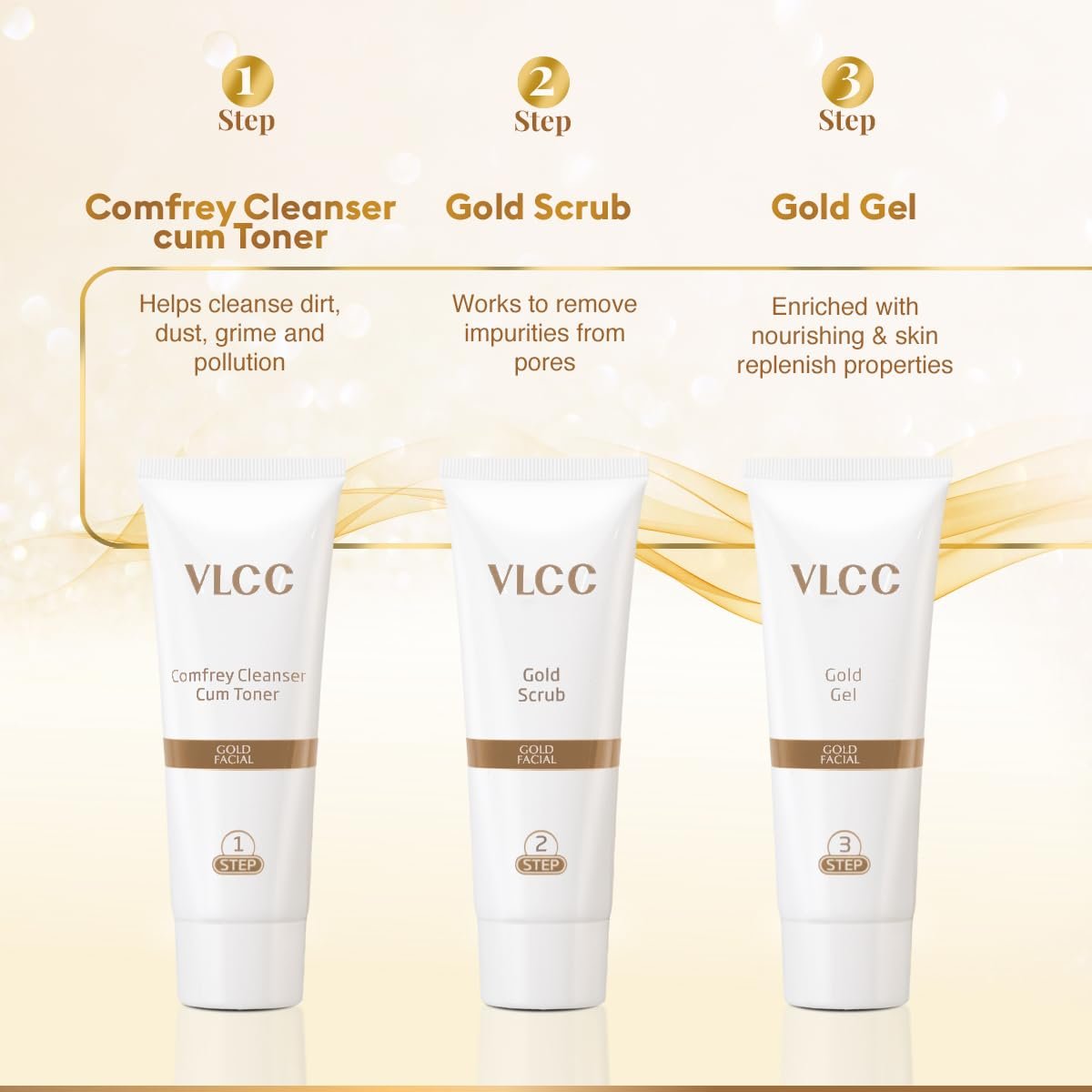 VLCC Gold Facial Kit, Bright & Glowing Skin - 60g | Pamper your Skin for a Luminous Glow | Parlour Glow with 24K Gold Bhasma, Rose Extracts, Turmeric & Aloe Vera. thumbnail
