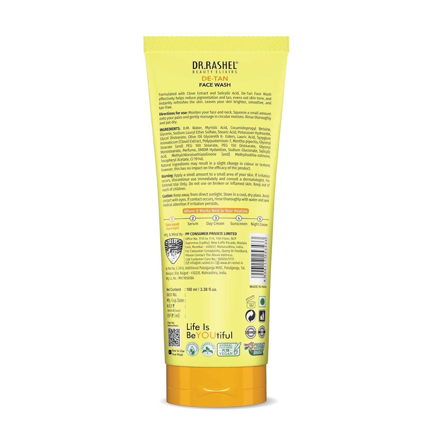 DR.RASHEL De-Tan Face Wash With Natural Extracts & Fruits Infused Facewash Deep Cleansing And Skin Brightening For Oily & Dry Skin - 100 ML thumbnail