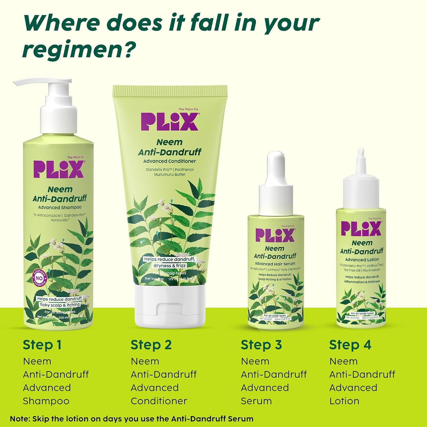 PLIX - THE PLANT FIX Neem Anti-Dandruff Advanced Serum | 3% Dandelix Pro™ & Ichthyol® Pale| Quick absorbing, Non-greasy & Lightweight | 50ml thumbnail