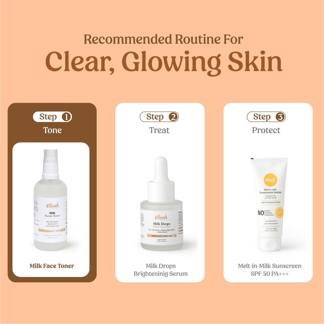 Vilvah Milk Face Toner | Pore Minimizing & Hydrating Toner for Smooth Skin Texture | With Rice Milk, Marine Water & Glycolic Acid | Balances Skin pH, Refines Pores & Boosts Hydration | 100ml thumbnail