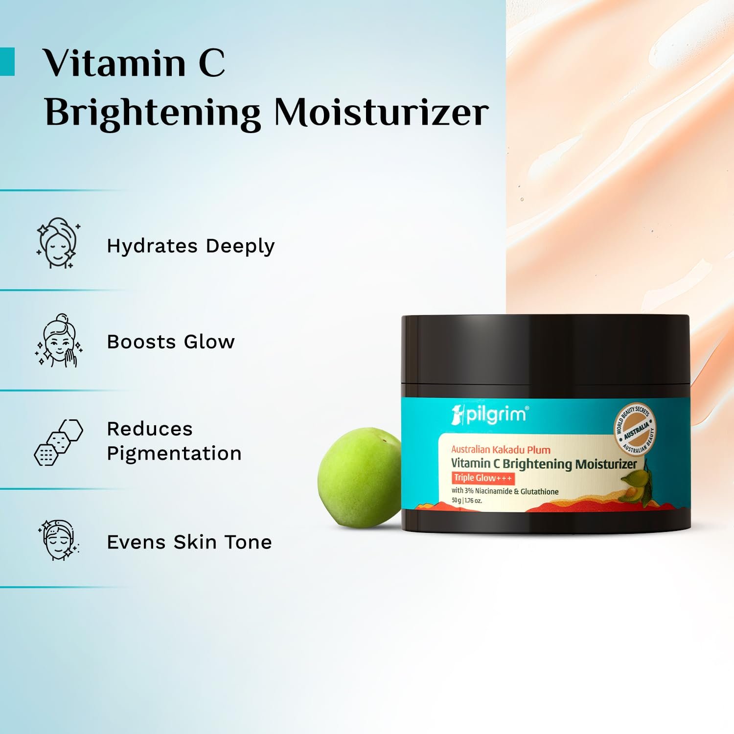 Pilgrim Vitamin C Face Moisturizer with 3% Niacinamide & Glutathione - 50g Dark Spots & Triple Glow with Kakadu Plum, Fades Dark Spots & Pigmentation, Evens Skin Tone, Deeply Hydrates, All S thumbnail