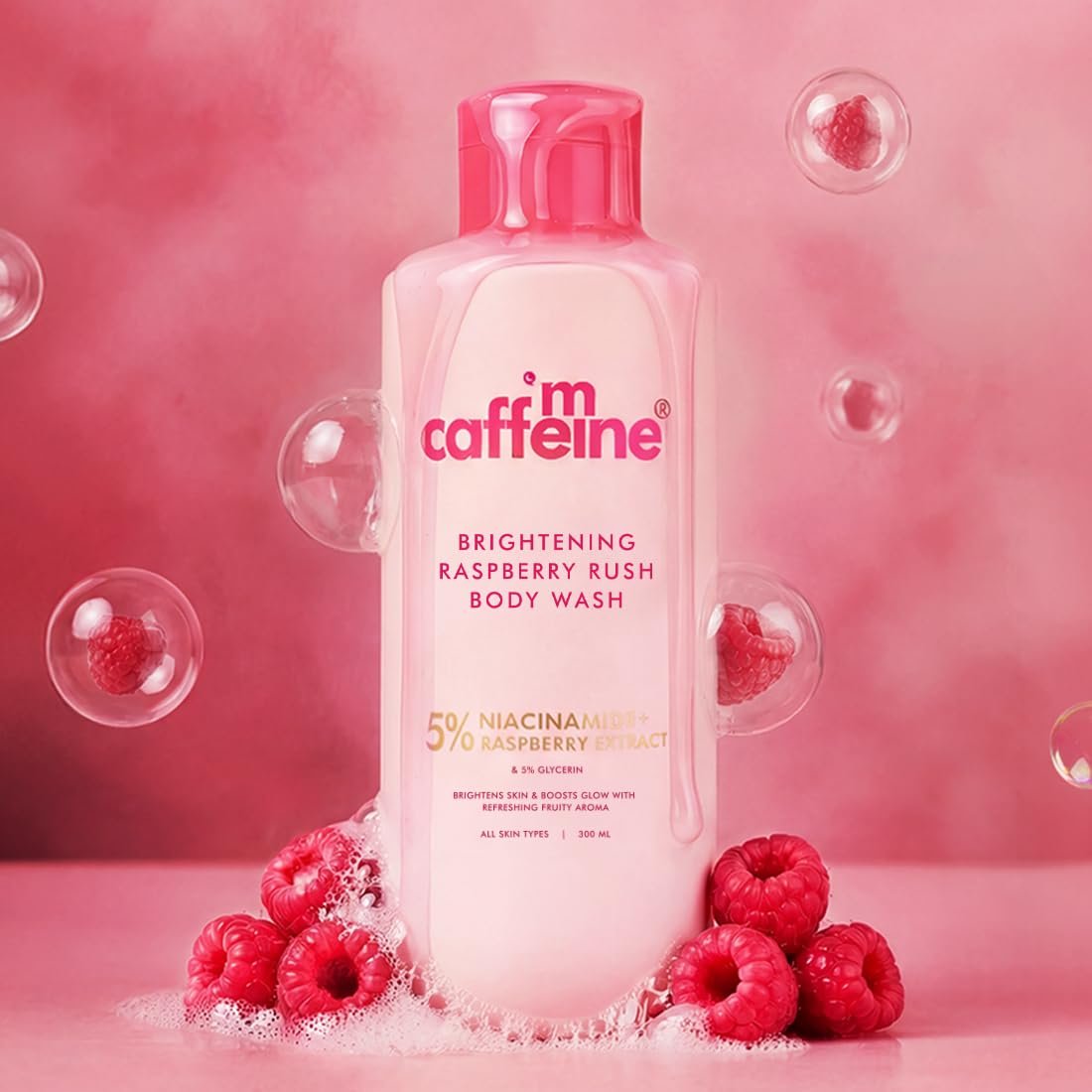 mCaffeine Brightening Body Wash - 5% Niacinamide & Raspberry | Summer Body Wash for Dry Skin | Vitamin C & Glycerin Hydration | Fruity Shower Gel - 300ml thumbnail