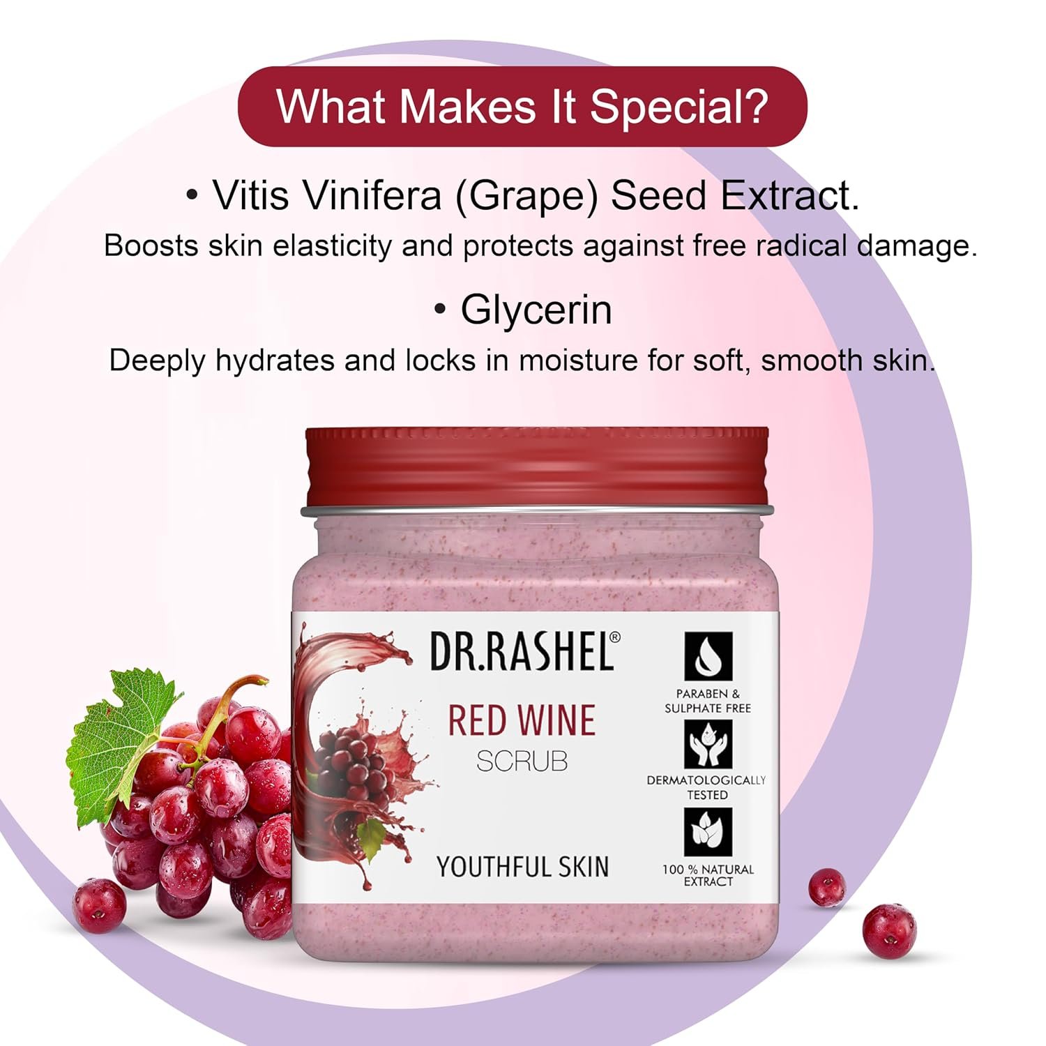 DR.RASHEL Red Wine Scrub | Natural Exfoliating Face & Body Scrub | With Antioxidants | For Youthful Glow | Paraben-Free | Anti-Aging Formula | 380 ml thumbnail