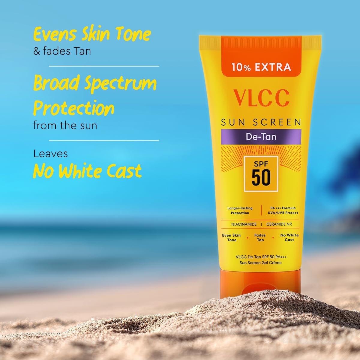 VLCC All Skin De-Tan SPF 50 PA+++ Sunscreen Gel Crème - 100g + 10g Extra | With Cucumber, Carrot, and Saxifraga Extracts thumbnail