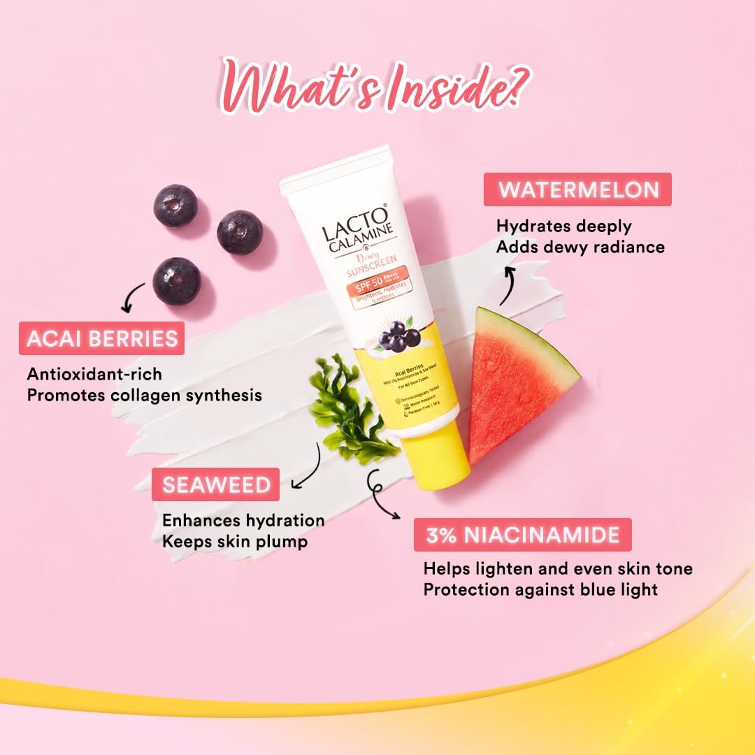 Lacto Calamine Dewy Glow Lightweight Sunscreen SPF 50 PFA +++ UVA & UVB Protection-Oily Skin | Acai Berries, Niacinamide & Watermelon | Dermatologically Tested | 50g thumbnail