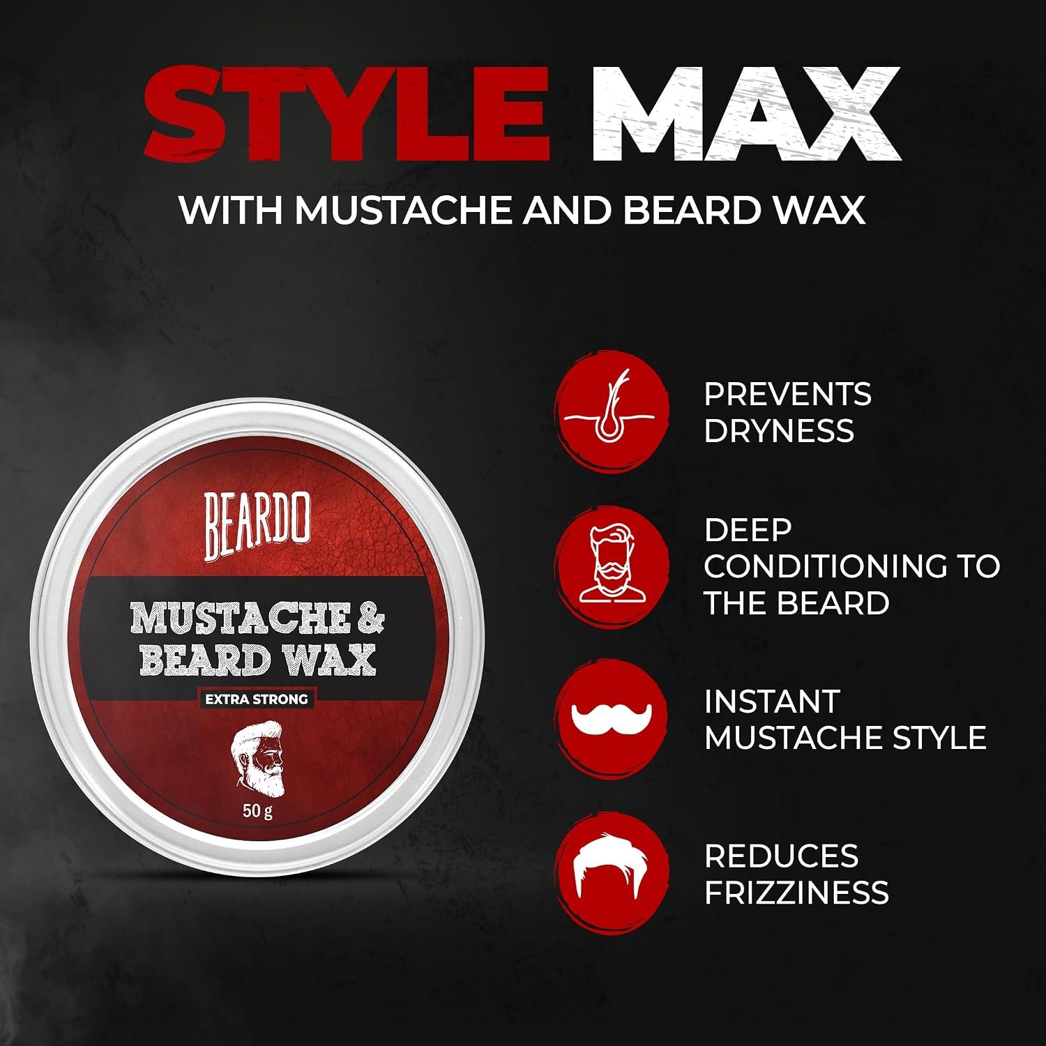 Beardo Beard and Mustache Wax, 50 gm | Beard Wax for Beard & Mustache Styling | Long Lasting Extra Strong Hold Wax for Men | Beard Hair Wax for Smooth, Shiny & Healthy Beard thumbnail