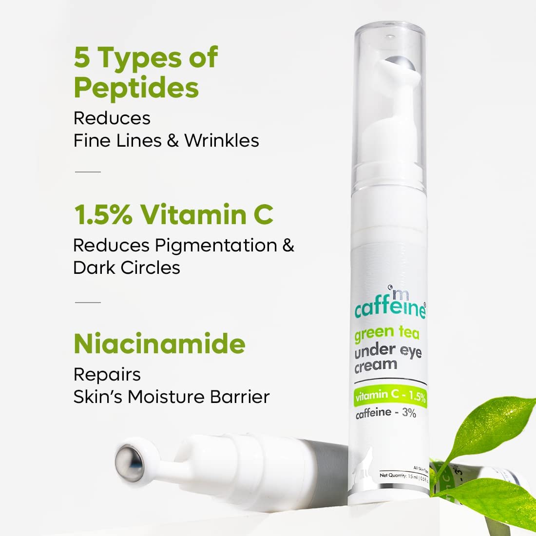 mCaffeine Green Tea Under Eye Cream to Reduce Fine Lines, Wrinkles & Dark Circles | 3% Caffeine, 1.5% Vit C & Peptides to Reduce Puffiness & Refresh Skin | Cooling Gel & Roller  -15 ml thumbnail