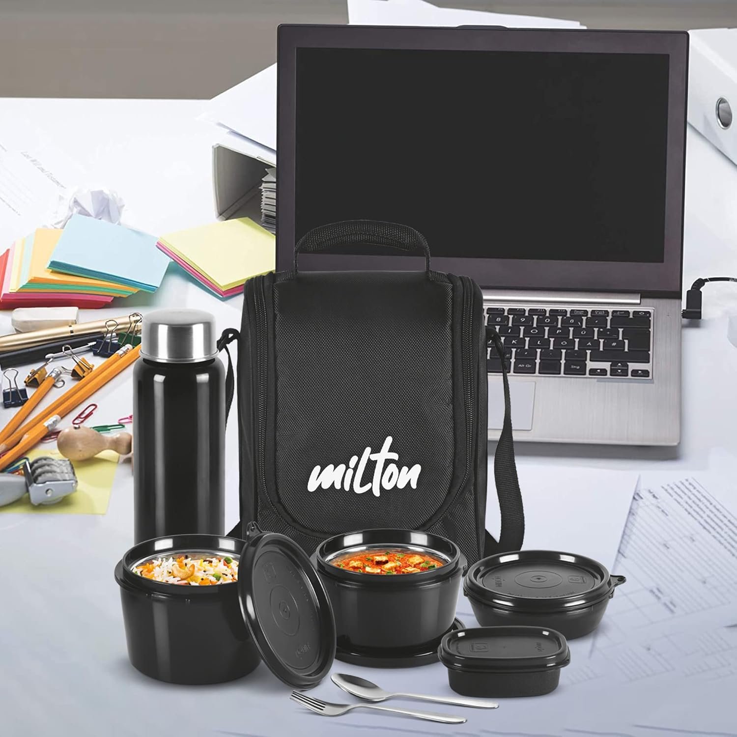MILTON Pro Lunch Box with Steel Cutlery, 3 Microwave Safe Inner Steel Containers (180ml, 320ml, 450ml) Plastic Chutney Dabba 100ml, Bottle 750ml with Insulated Bag, Office Tiffin, Black thumbnail