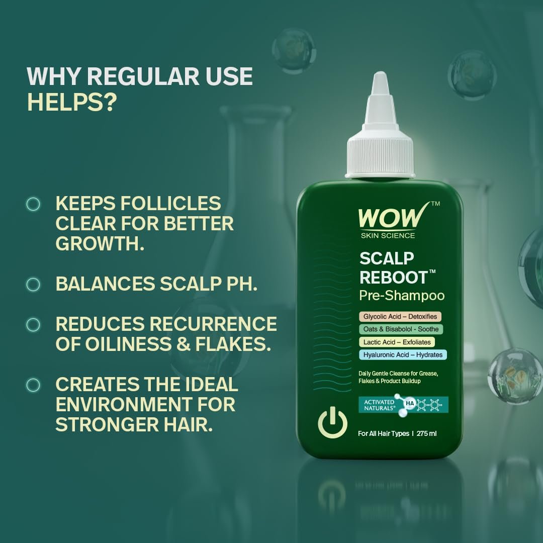 WOW Skin Science Scalp Reboot™ Pre-Shampoo Cleanser | Step-0 Gentle Scalp Wash for Oil, Flakes & Build-Up | With Glycolic Acid, Lactic Acid, Hyaluronic Acid, Oats & Bisabolol | 275ml thumbnail