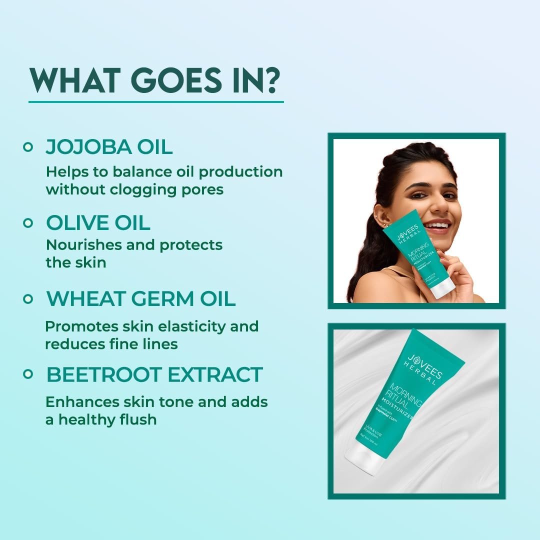 Jovees Herbal Morning Ritual Moisturizer for Dry Skin – Reduces Fine Line & Improves Skin Elasticity | UVA & UVB Protection | Nourishes & Hydrates | Lightweight, Non-Greasy Daily Cream 100g thumbnail