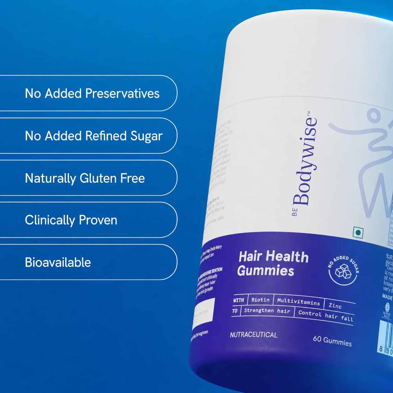 Be Bodywise Biotin Hair Gummies | 60 Days Pack | With Biotin, Zinc, Folic Acid, Fibre & Multivitamin | Strawberry Flavour | No Added Refined Sugar & Gut Friendly thumbnail