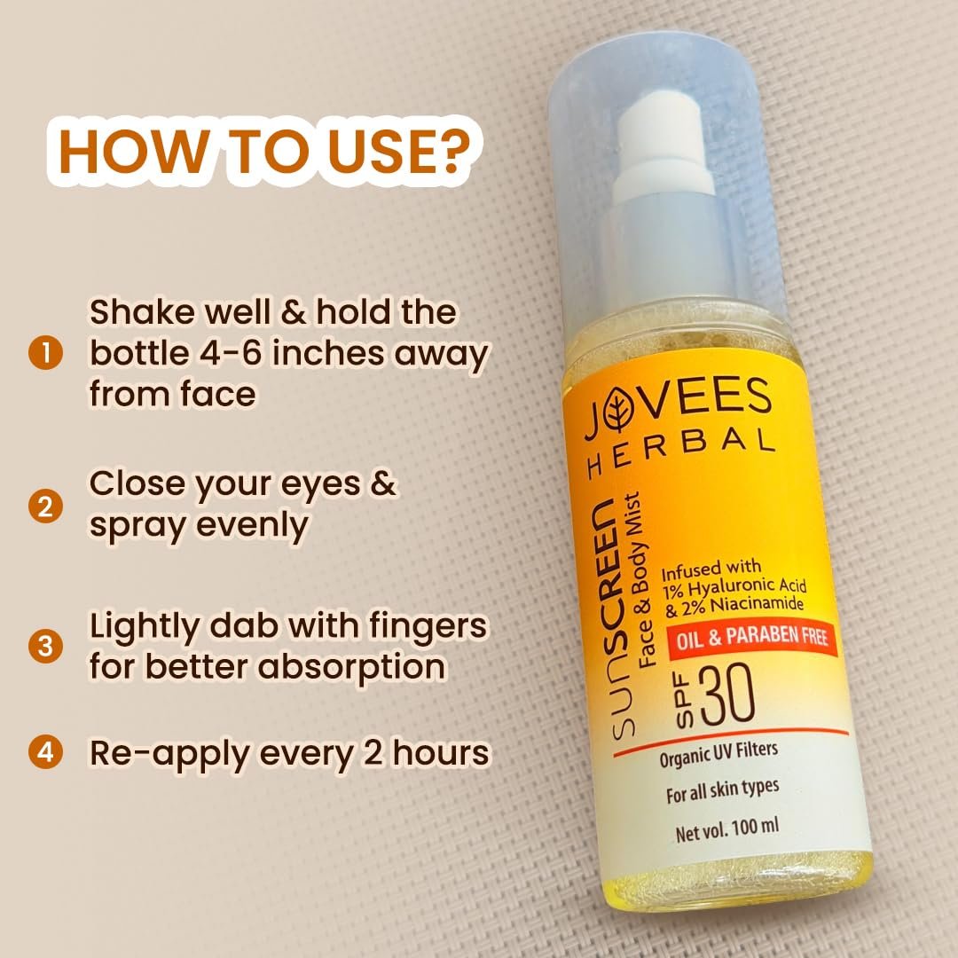 Jovees Herbal Sunscreen Mist SPF 30 – Broad Spectrum Protection For Face & Body with 1% Hyaluronic Acid & 2% Niacinamide | Lightweight & Non-Sticky | Quick Absorbing & Makeup Friendly 100ml thumbnail