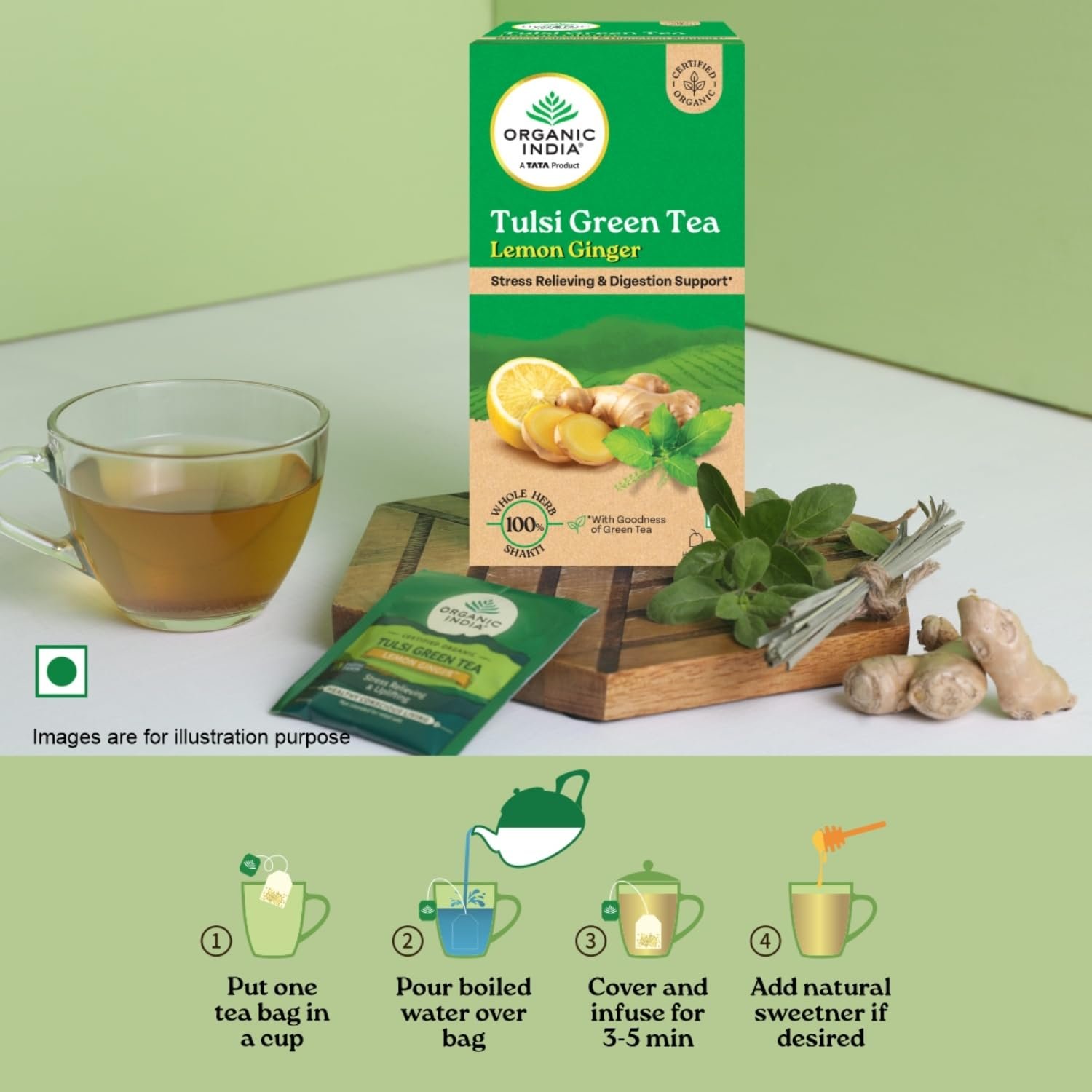 A TATA Product - Organic India Tulsi Green Tea Lemon Ginger , Herbal Blend with Green-Tea, Tulsi, Lemon & Ginger, Supports Digestion -25 Teabags. thumbnail
