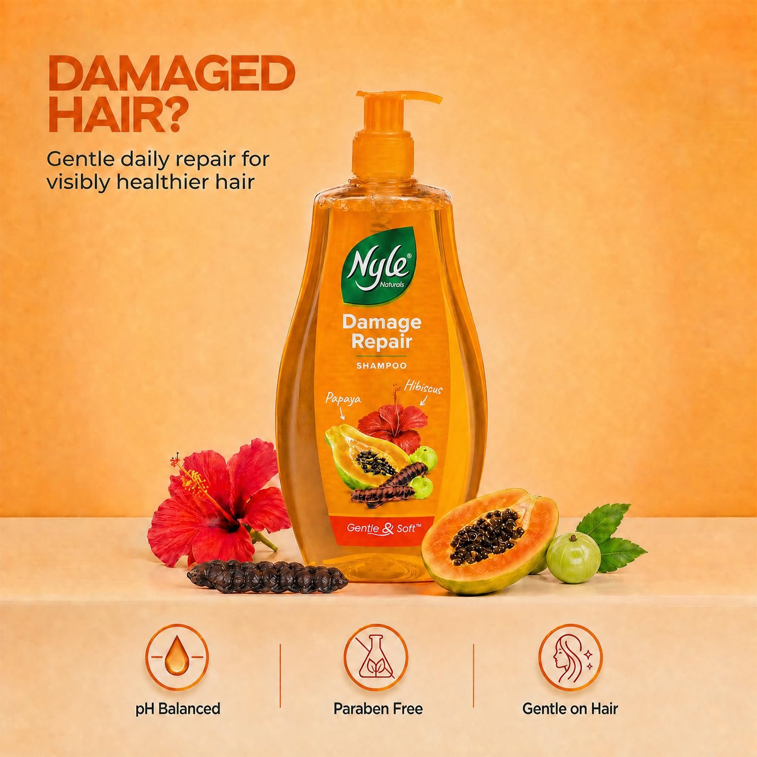 Nyle Naturals Damage Repair Shampoo with Papaya & Shikakai | Nourishing Shampoo for Damaged & Dry Hair | Helps Cleanse, Strengthen & Improve Hair Manageability | 800ml thumbnail