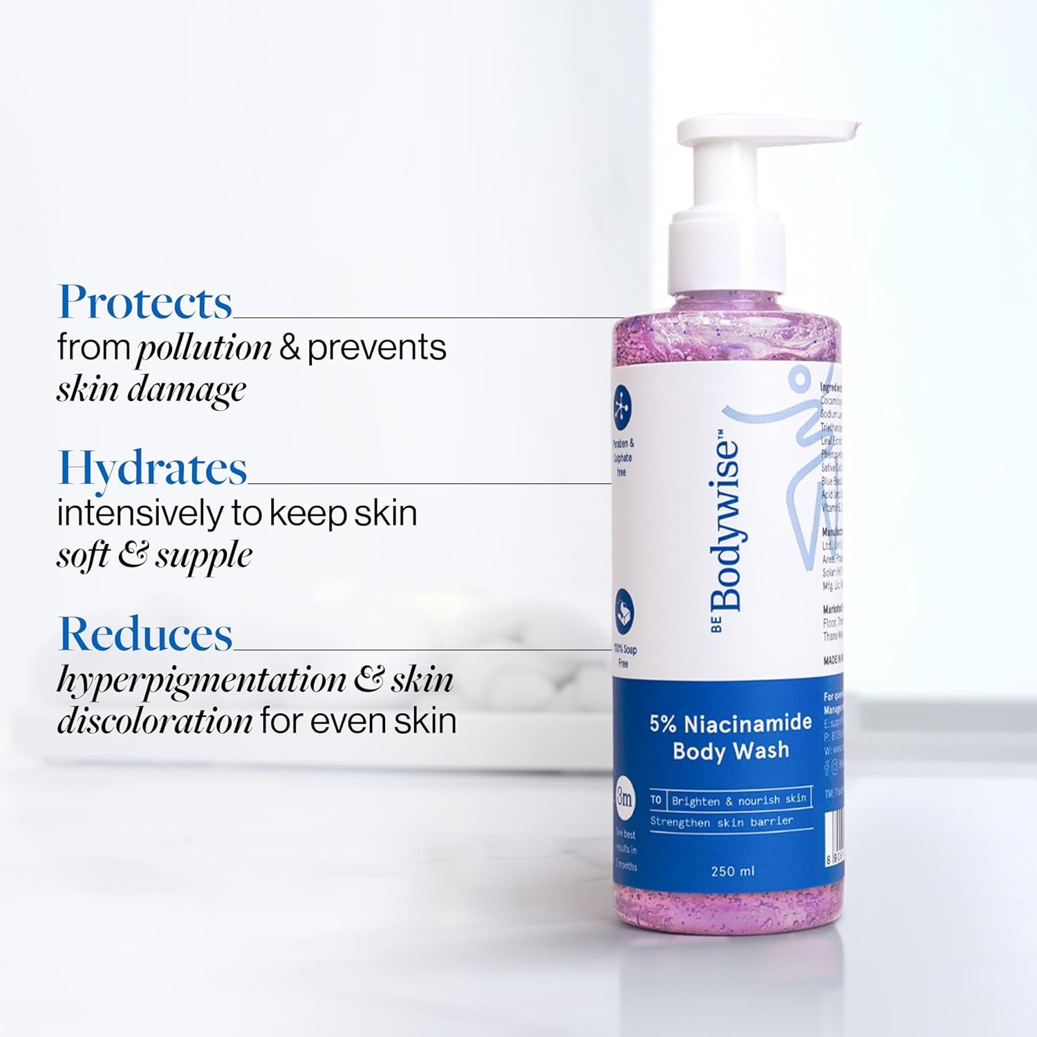 Be Bodywise 5% Niacinamide Brightening Body Wash | Hydrates & Deep Cleanses Skin | For Glowing & Hydrated Skin | With Aloe vera, Vitamin B3 & E | For All Skin Types | 250ml thumbnail