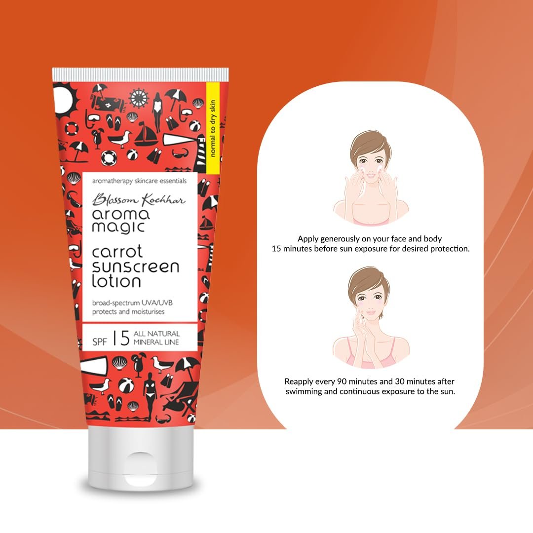 Aroma Magic Carrot Sunscreen Lotion ? 100ml | SPF 15 for Dry Skin | Non-Nano Zinc Oxide, Carrot seed & Rice Bran Oils | No Parabens or Alcohol | Deep Moisture + Sun Protection | 100ml thumbnail
