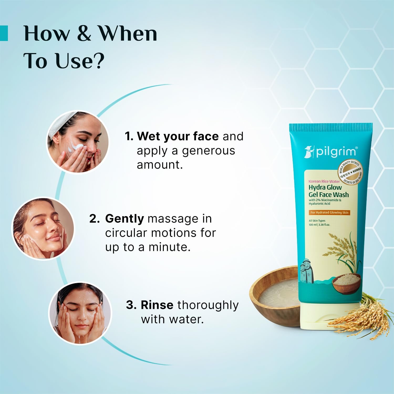 Pilgrim Korean Rice Water Hydra Glow Face Wash with 2% Niacinamide - 100ml with Niacinamide & Hyaluronic Acid, Hydrating Cleanser, Boosts Glow, Gently Cleanses, Leaves Skin Soft & Fresh, All thumbnail