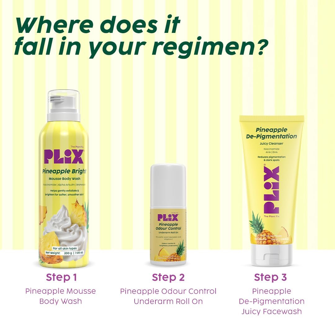 PLIX THE PLANT FIX Pineapple Bright Mousse Body Wash | Foamy mousse wash for Even-Toned Skin | Gentle Exfoliation | Niacinamide (Vitamin B3) | Alpha Arbutin | For Men & Women thumbnail