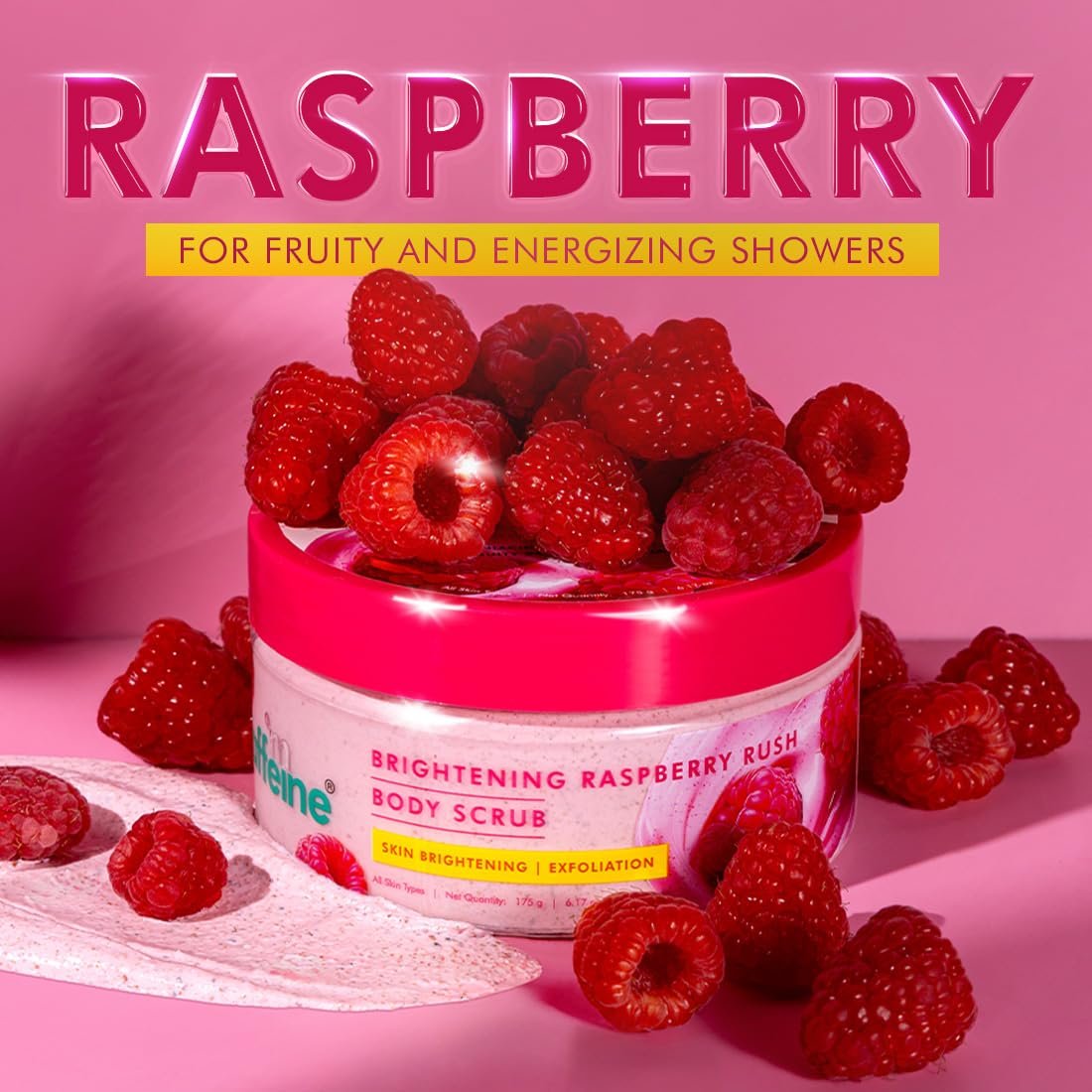 mCaffeine Brightening Raspberry Body Scrub | Tan Removal | AHAs - Lactic & Glycolic Acid, Niacinamide | Vitamin C Rich for Brighter, Soft Skin | Remove Dry, Dead Skin | 175g thumbnail