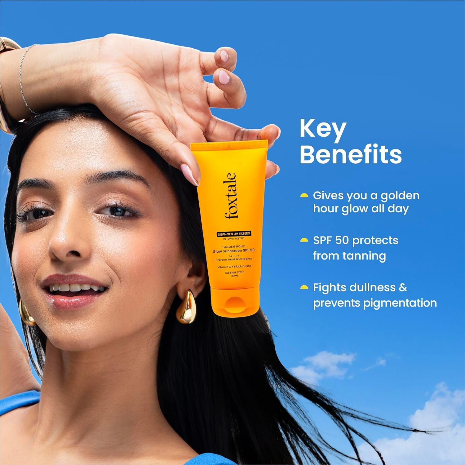 Foxtale Glow Sunscreen SPF 50 PA++++ with Vitamin C & Niacinamide, in-Vivo Tested, Made with 100% New-Gen Filters, Lightweight, Non-Greasy, No White Cast |for Men & Women | 80 Ml thumbnail