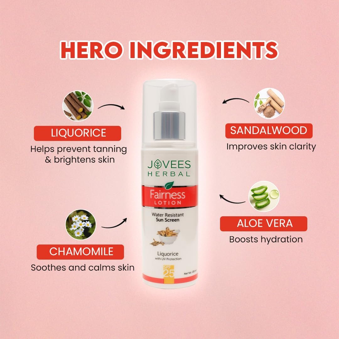 Jovees Herbal Sunscreen Fairness SPF 25 Lotion for Face | Oily & Sensitive Skin | Lightweight, Non-Greasy | UVA/UVB Protection, Prevents Tanning & Uneven Skin Tone | 100ml thumbnail