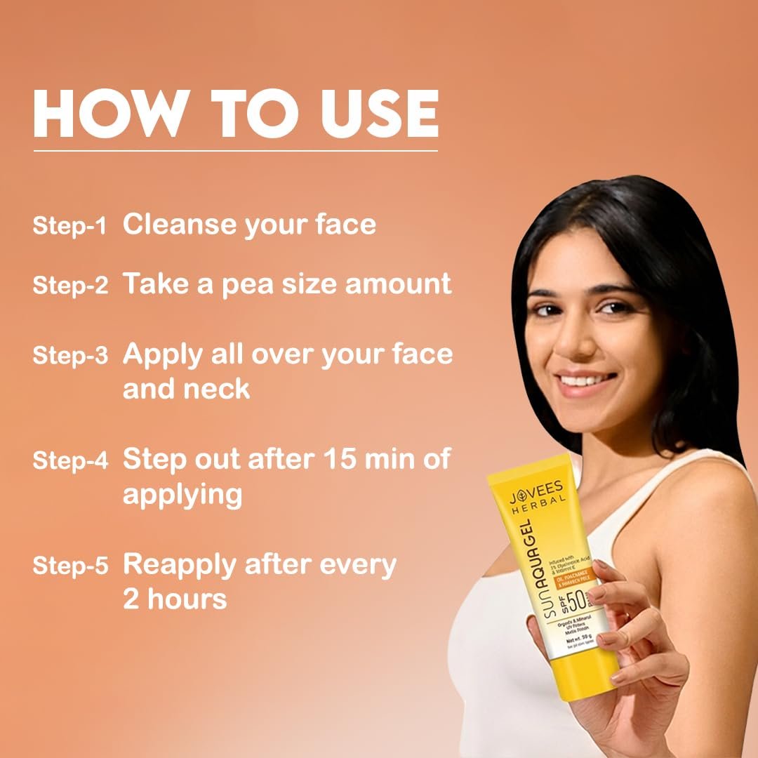 Jovees Herbal Sun Aqua Gel Sunscreen SPF 50 PA+++ | Lightweight, Water-Like Texture | 1% Hyaluronic Acid | Non-Greasy, No White Cast | Perfect for Oily & Combination Skin | 50g thumbnail