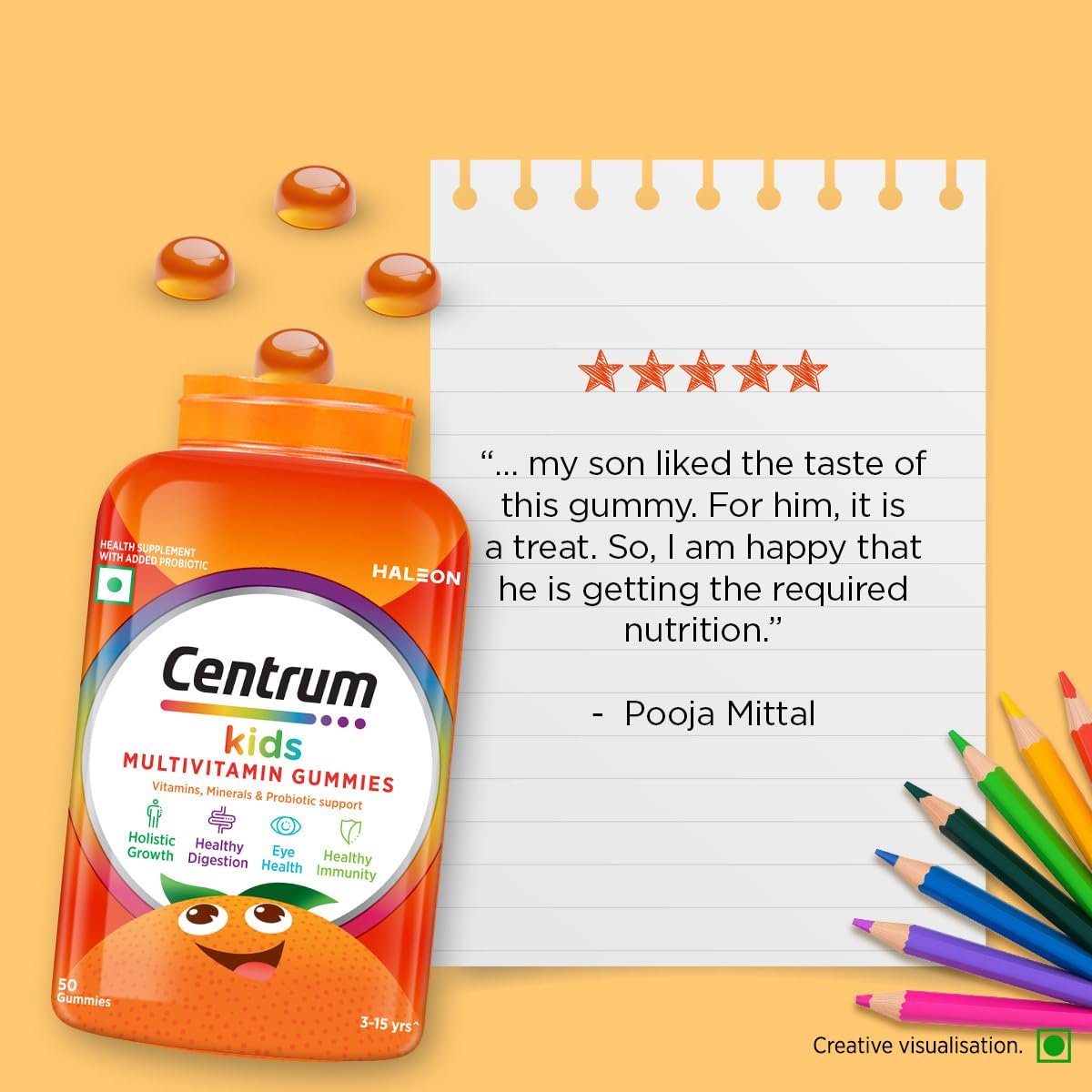 Centrum Kids- Multivitamin Gummies for Kids | Non-Habit Forming | With Zinc, Vitamin B, C, D for Overall Growth, Healthy Digestion, Eye Health, Immunity | Tasty Orange Flavour | Veg - 50 gum thumbnail
