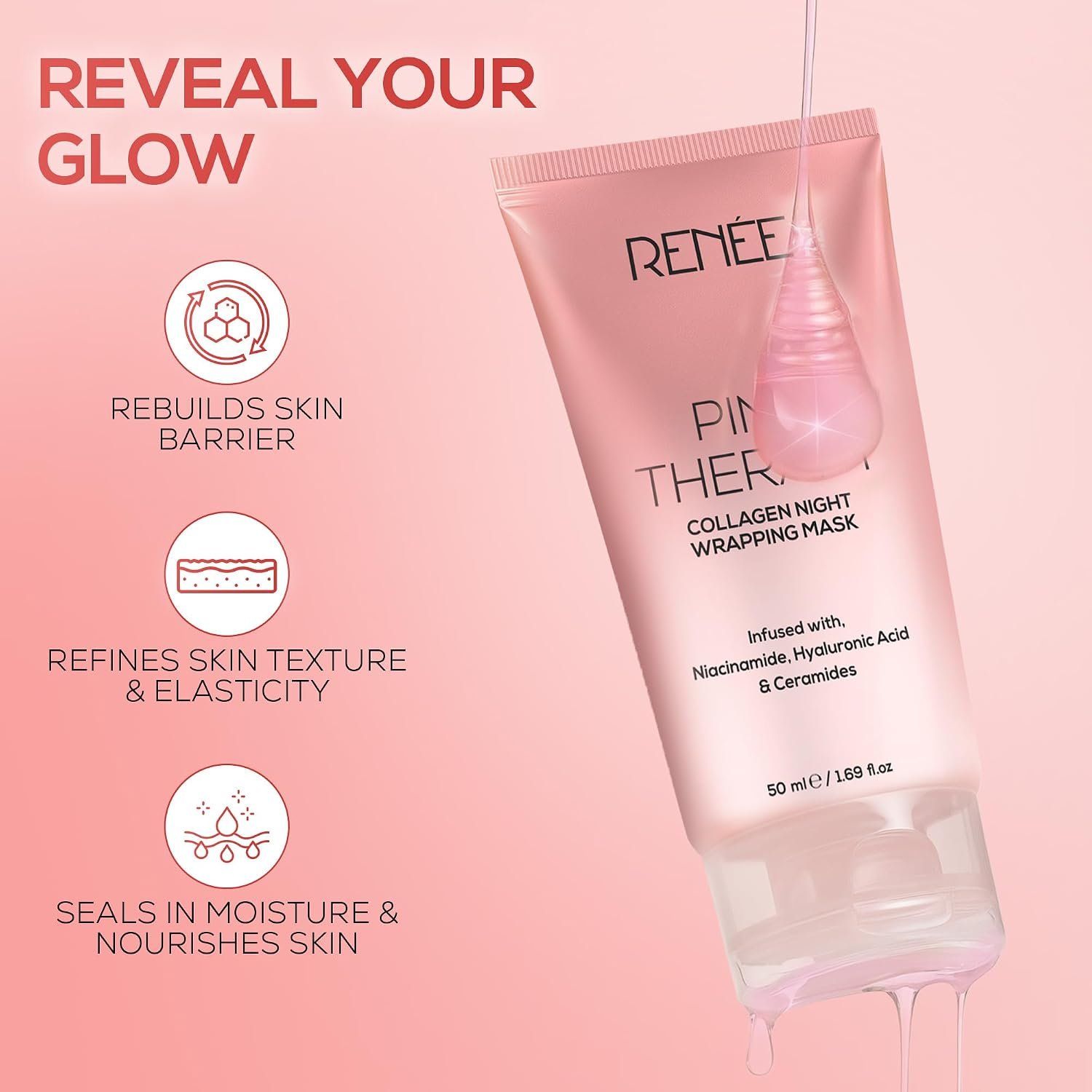 RENEE Pink Therapy Collagen Night Wrapping Face Mask | For Young, Hydrated Skin | Texture & Elasticity | Improves Skin Barrier | Hyaluronic Acid & Niacinamide Infused | 50 ml thumbnail