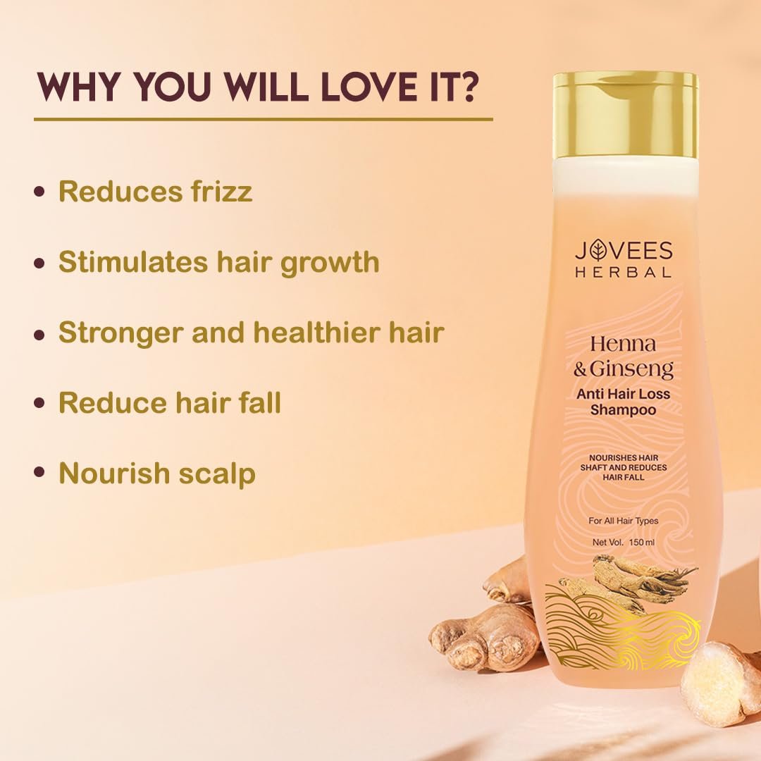 Jovees Herbal Henna & Ginseng Anti Hair Fall Shampoo | Controls Hair Fall & Promotes Hair Growth | Enriched With Henna, Ginseng & Amla Extract | Suitable for All Hair Types | 300ml thumbnail