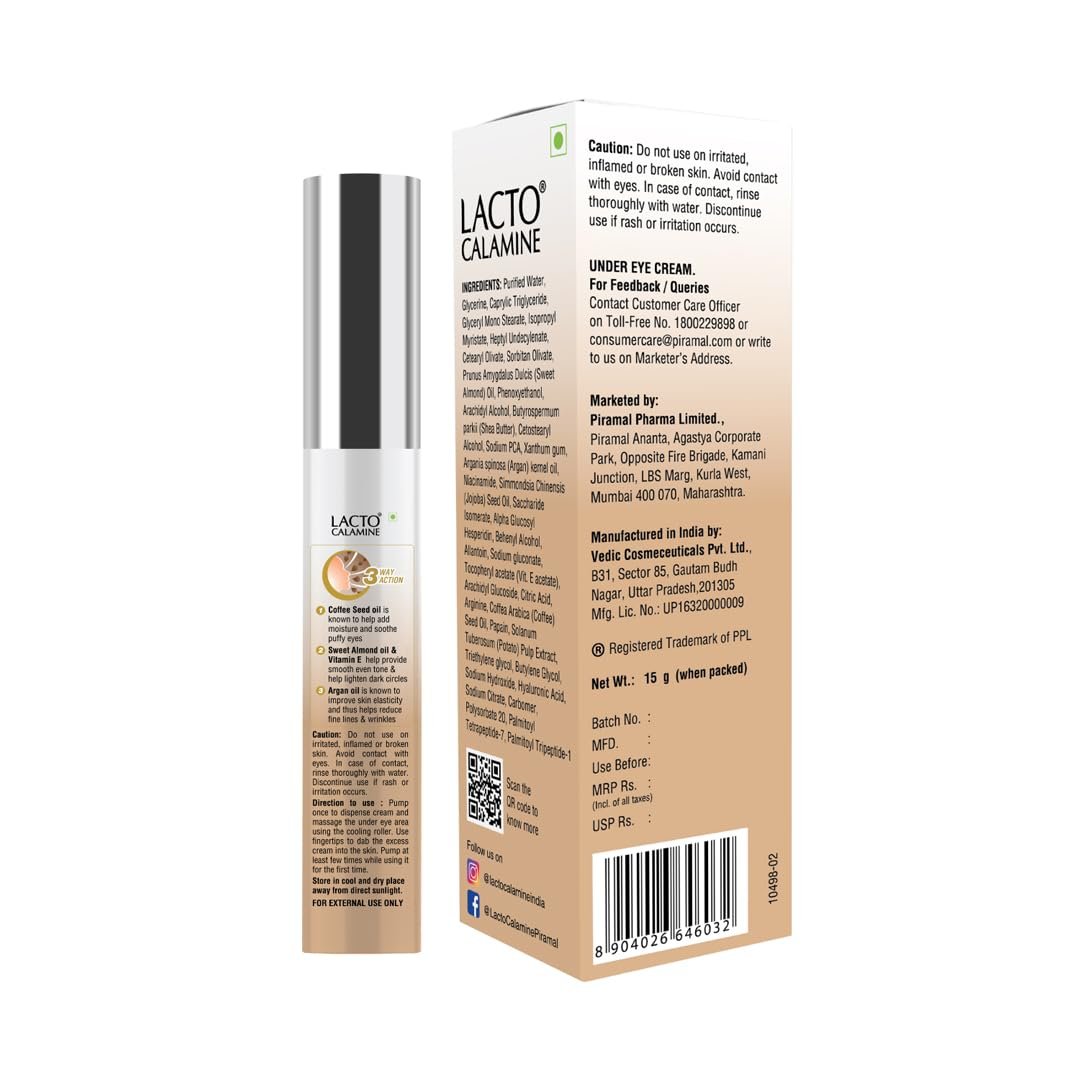Lacto Calamine Under Eye Cream For Dark Circles for Women & Men | Fine Lines & Puffy Eyes With Cooling Massage Roller | 15g | With Coffee Oil, Multi-Peptides, Niacinamide, & Vitamin E thumbnail