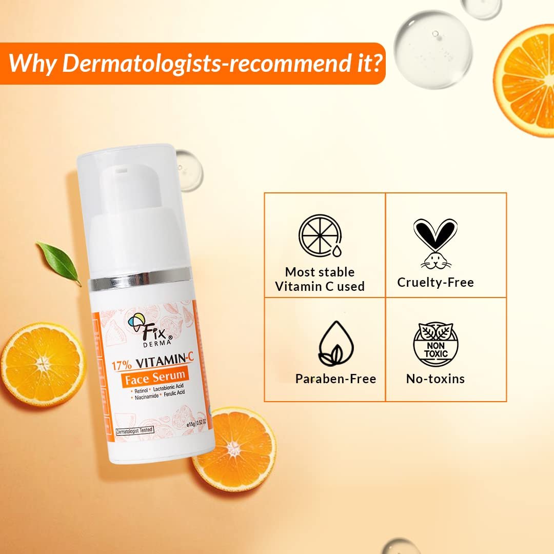 Fixderma 17% Vitamin C Face Serum for Glowing Skin | Retinol | Skin Brightening Vit C Serum for Women and Men | Anti Aging Night | Niacinamide - 15g thumbnail