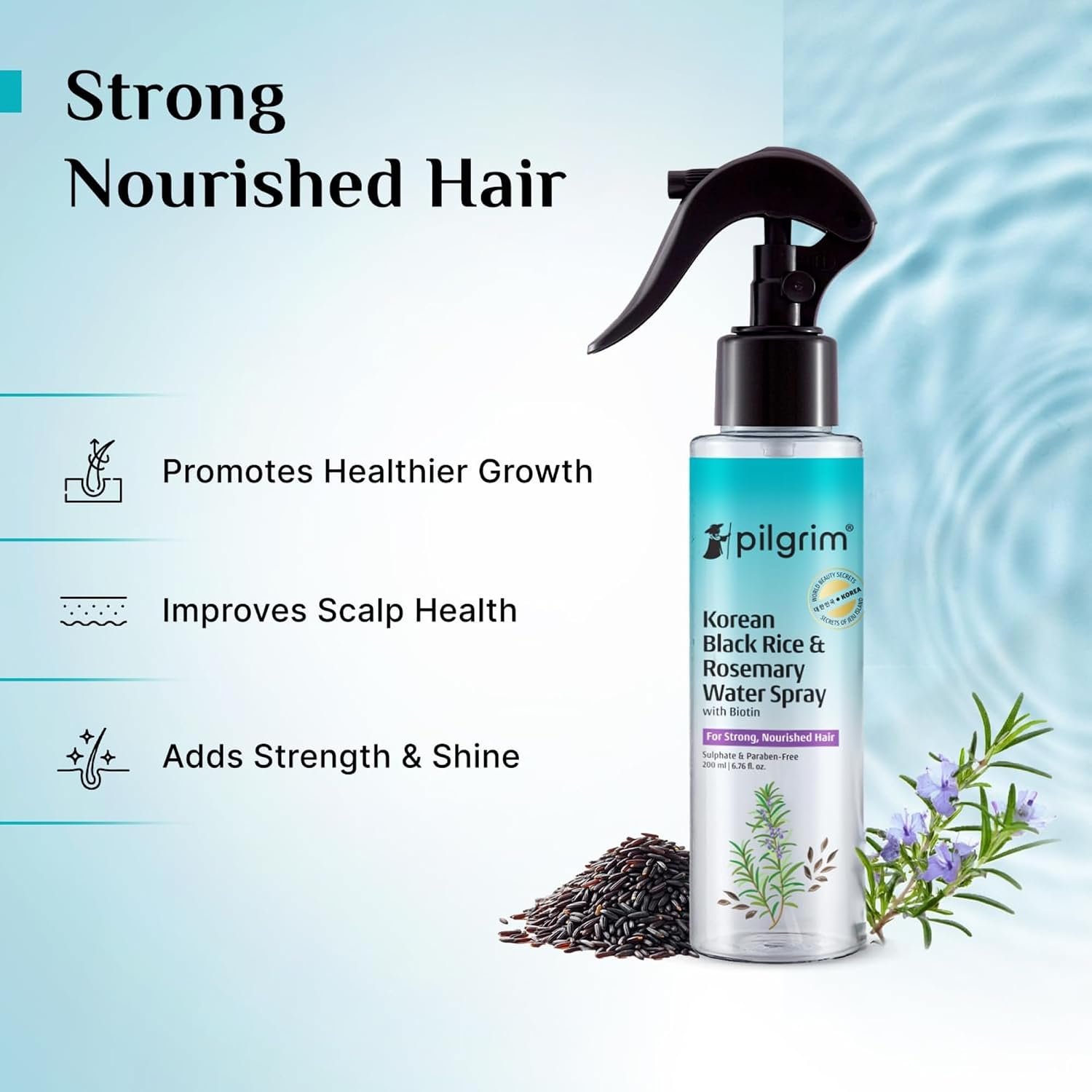 Pilgrim Korean Black Rice and Rosemary Water Spray With Biotin For Strong, Nourished Hair 200ml | Spray for Regrowth | Thicker & Stronger Hair | Sulphate & Paraben Free I For Women for Men thumbnail